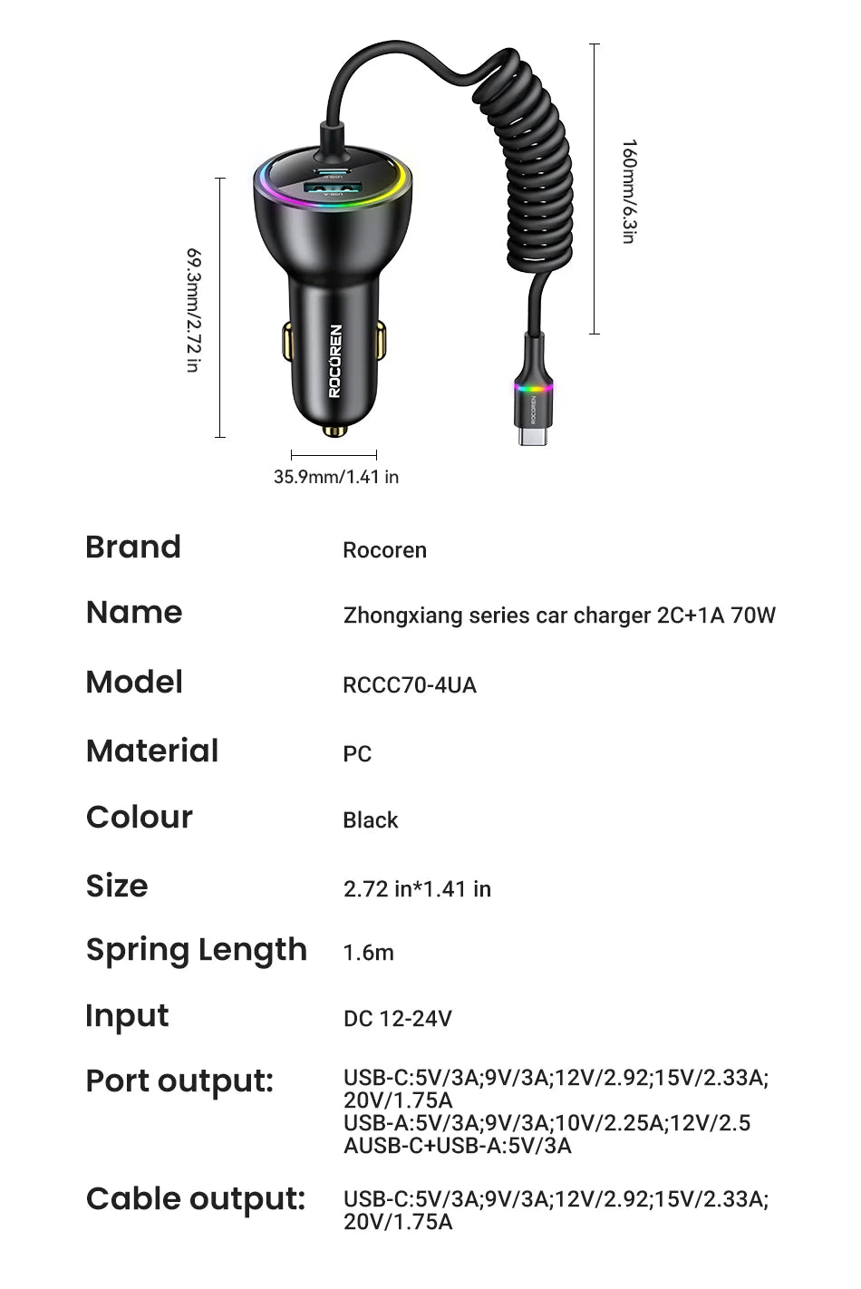 Rocoren 70W Car Charger with Coiled USB-C Cable