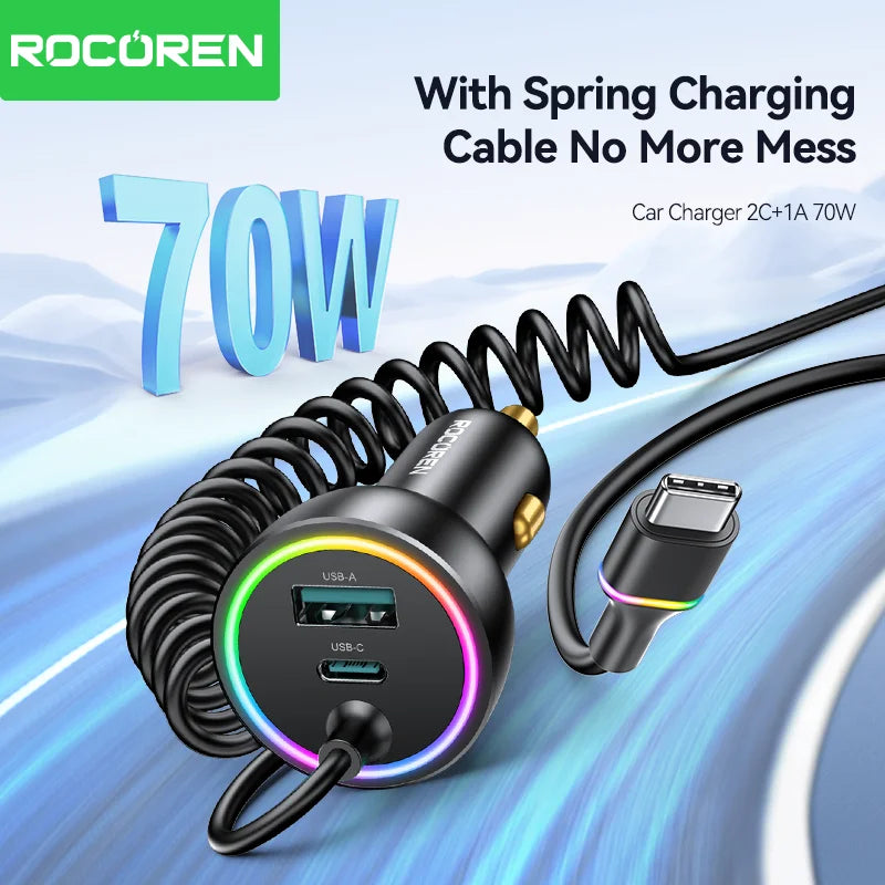 Rocoren 70W Car Charger with Coiled USB-C Cable