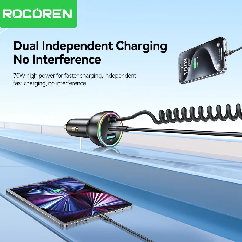 Rocoren 70W Car Charger with Coiled USB-C Cable