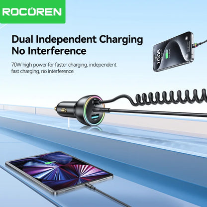 Rocoren 70W Car Charger with Coiled USB-C Cable