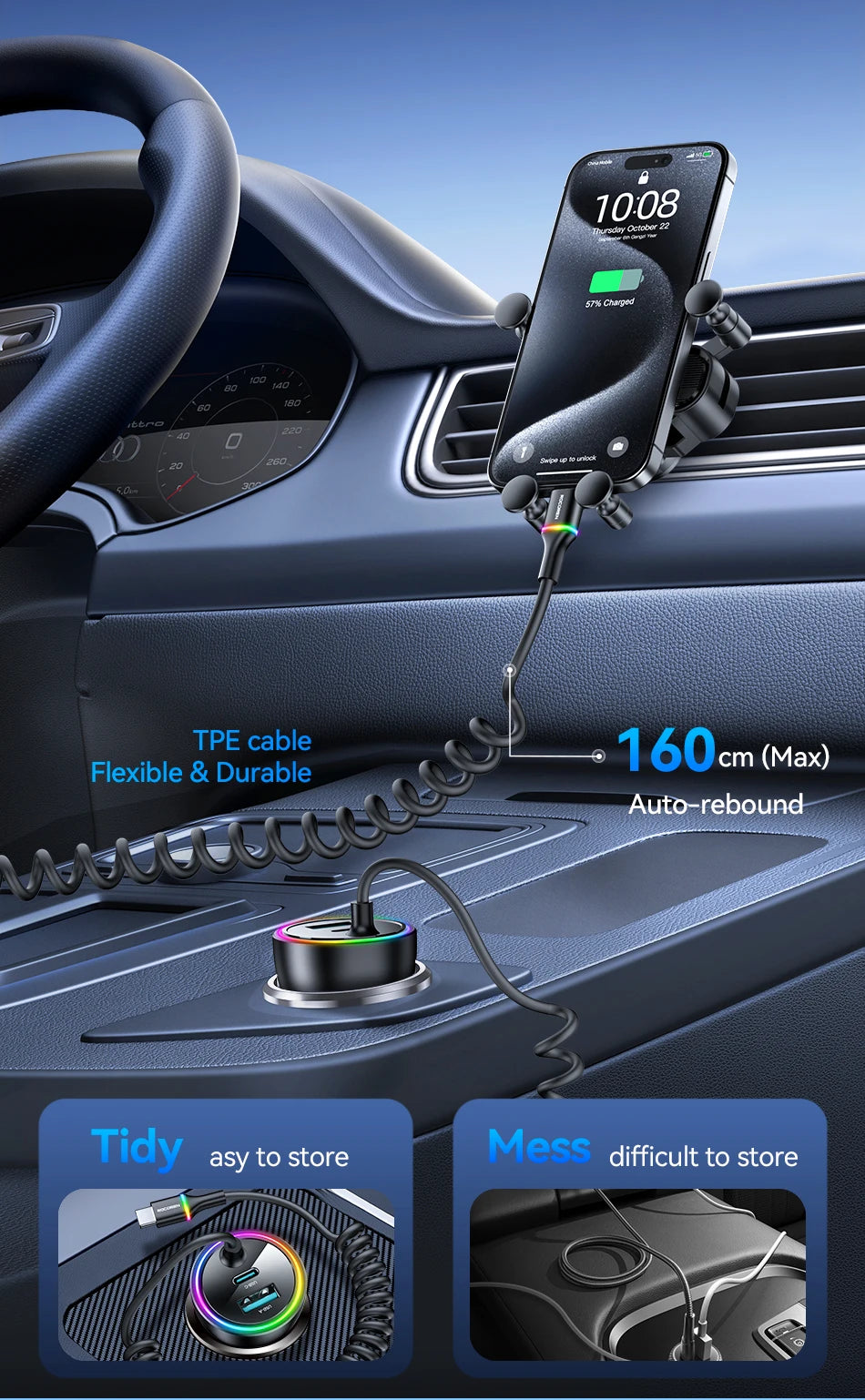 Rocoren 70W Car Charger with Coiled USB-C Cable