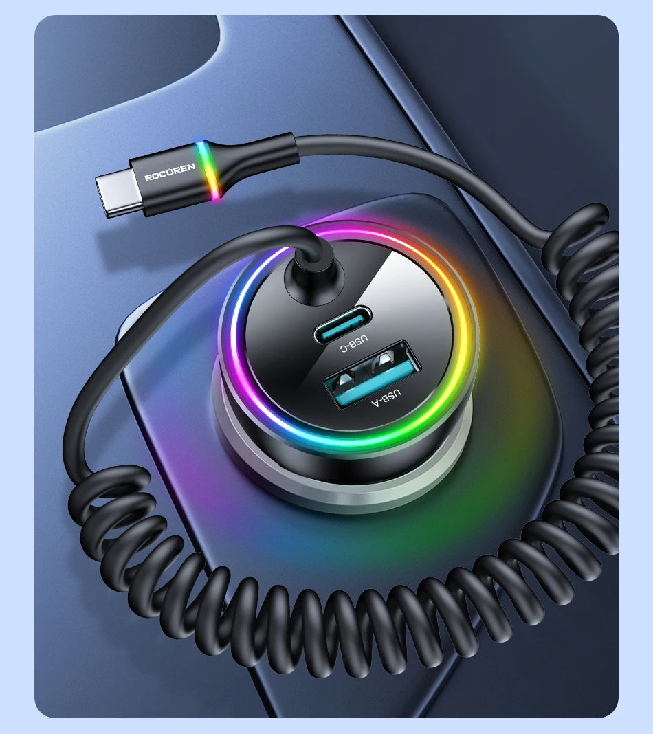 Rocoren 70W Car Charger with Coiled USB-C Cable