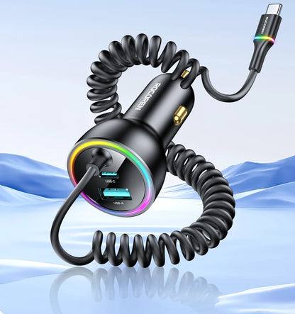 Rocoren 70W Car Charger with Coiled USB-C Cable