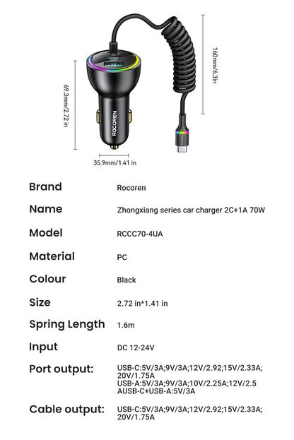 Rocoren 70W Car Charger with Coiled USB-C Cable