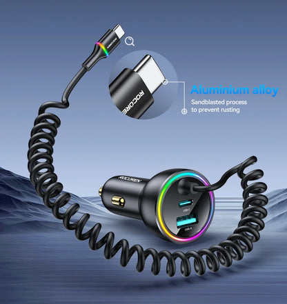 Rocoren 70W Car Charger with Coiled USB-C Cable