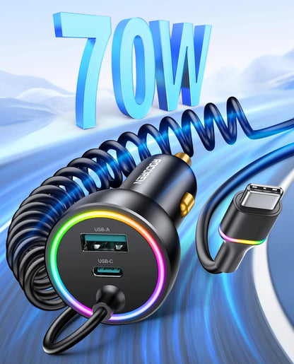 Rocoren 70W Car Charger with Coiled USB-C Cable
