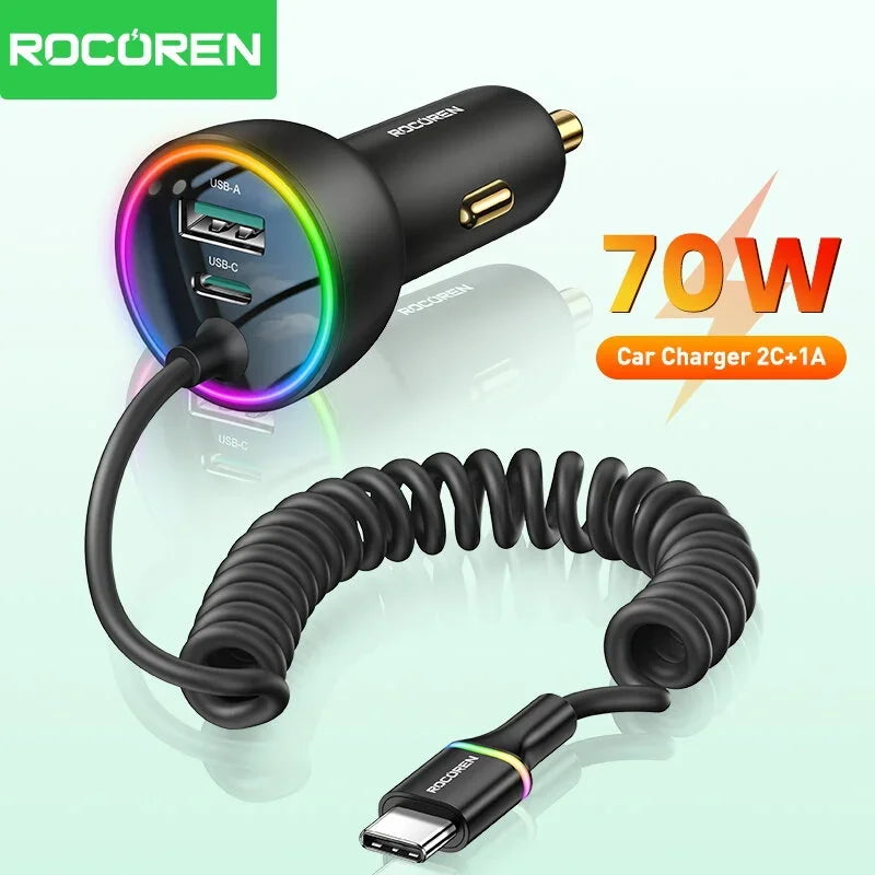 Rocoren 70W Car Charger with Coiled USB-C Cable