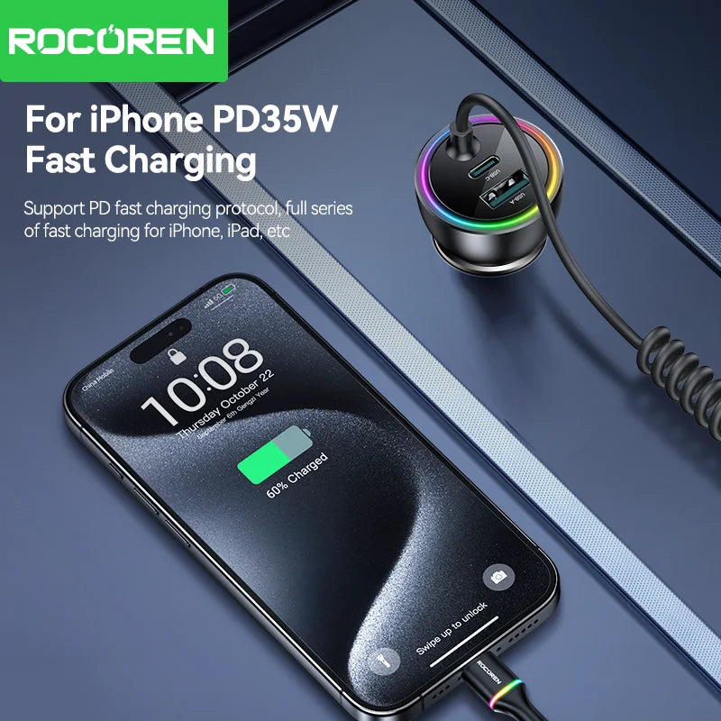 Rocoren 70W Car Charger with Coiled USB-C Cable
