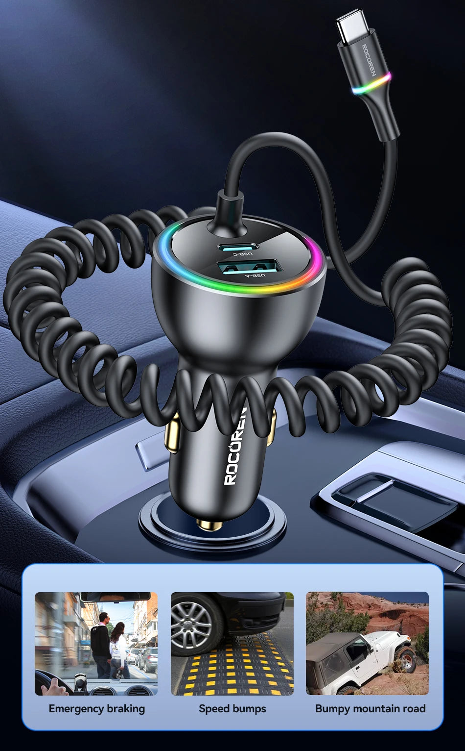 Rocoren 70W Car Charger with Coiled USB-C Cable