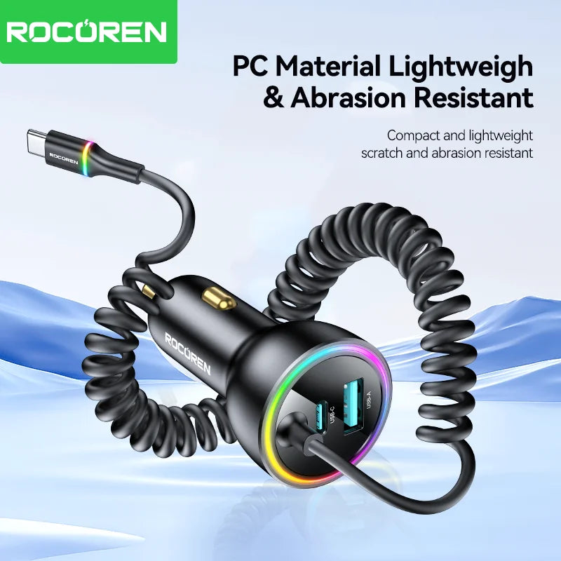 Rocoren 70W Car Charger with Coiled USB-C Cable