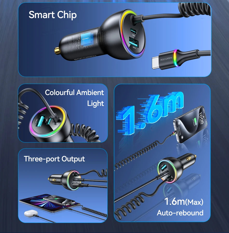 Rocoren 70W Car Charger with Coiled USB-C Cable